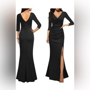 Elegant Black Evening Gown v neck 3/4 sleeves